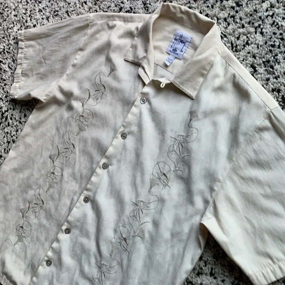 AFTCO Bluewater x Guy Harvey Marlin Embroidered Button Down Shirt Cream Size XL - Picture 11 of 13